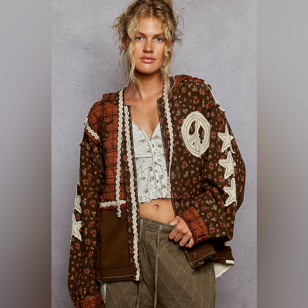 🌺LAST ONE🌺 POL Brown Star & Peace Patch Floral mix Hoodie Jacket Relaxed Fit - Picture 4 of 9